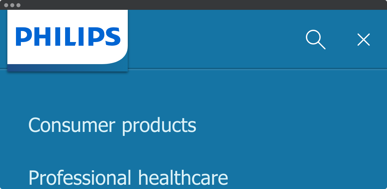 Screenshot from Philips web site, in 400 % page zoom. The main menu is open and the interface is clean and tidy.
