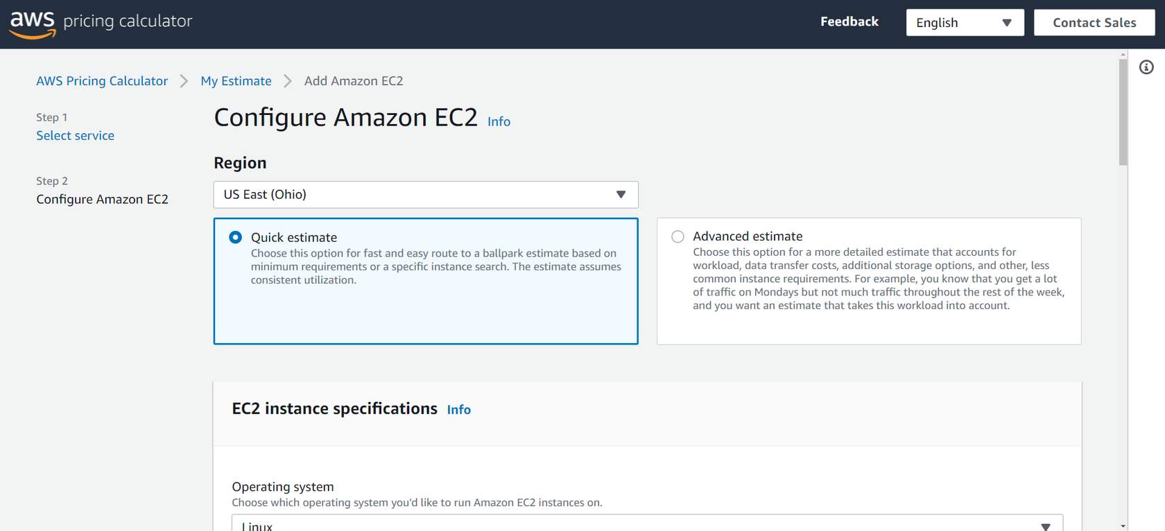 Price calculator, creating a quick estimate